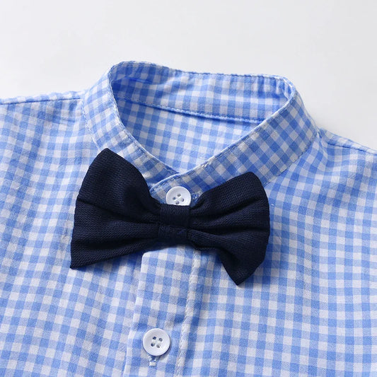 Summer Baby Boys Birthday Clothes Set Children British Style Blue Plaid Shirt with Pants Infants Top Shorts and Bow Kids Outfits