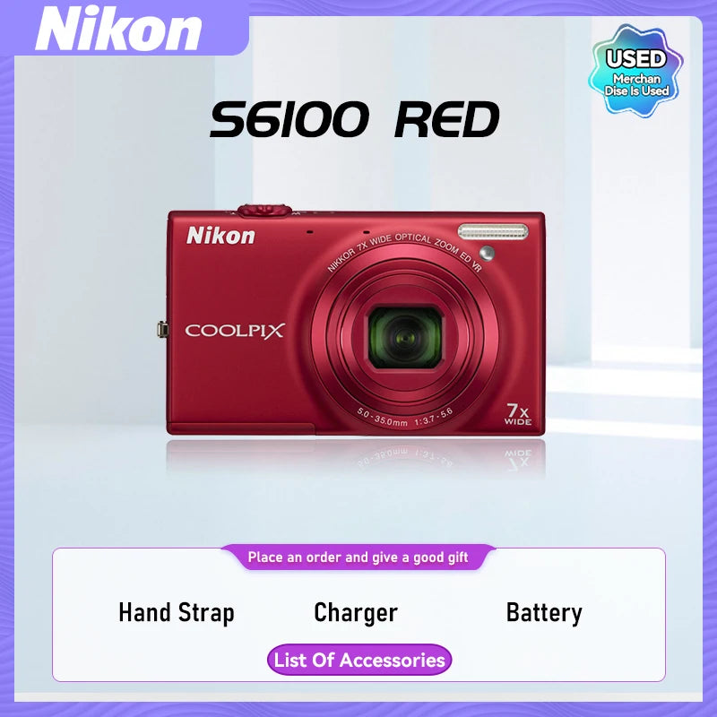 Nikon COOLPIX S6000 S6100 S6200 Portable Small Card Digital Camera 10X Optical Zoom Lens 16.00MP 720P HD Video Cameras(Used)