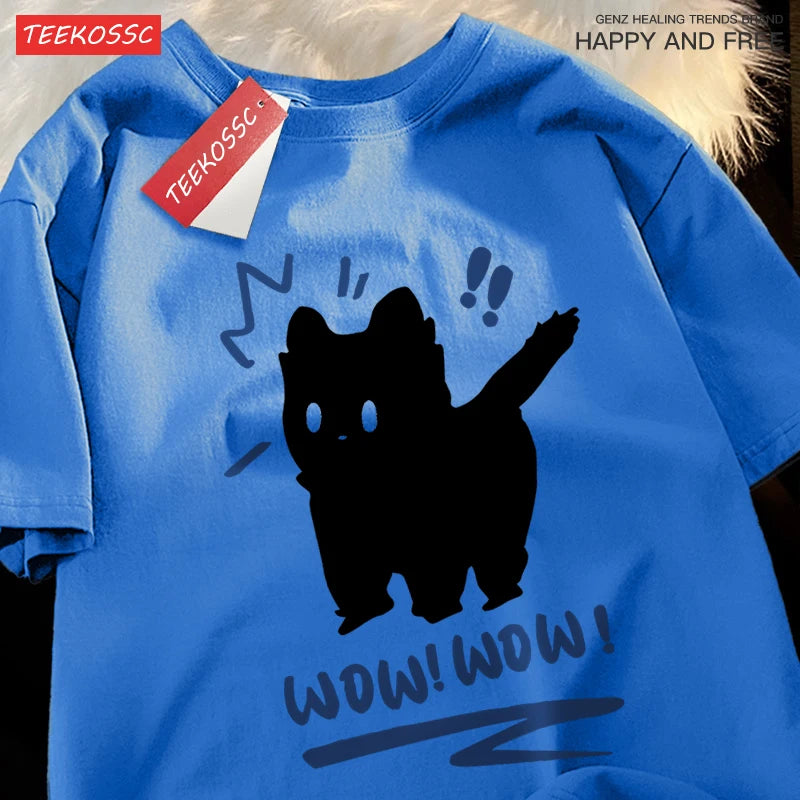 Siblings T Shirts Wow Wow Fun Black Cat Tops Casual Hip Hop Short Sleeve Sport Casual Clothing Cotton Breathable Siblings Tops