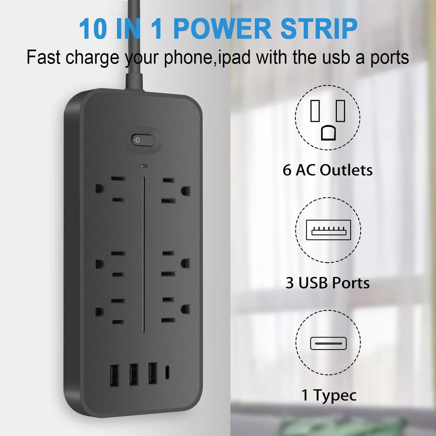 US Power Strip 6 AC Outlets 10A 110v 220v 3 USB Ports Sockets 1 TYPE-C Smart Patch Panel 2000w Black Power Surge Protection Plug