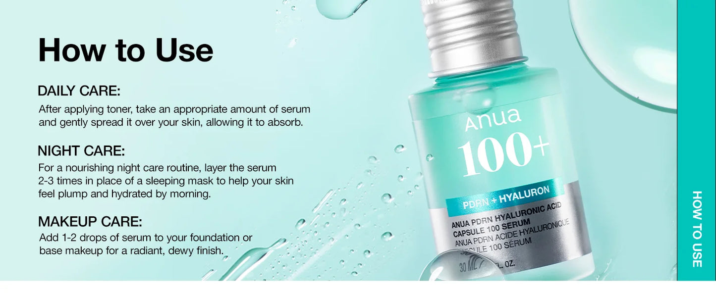 ANUA PDRN Hyaluronic Acid Capsules 100 Serum, Radiation Facial Serum, Hyaluronic Acid, Korean Skin Care Products, 30ml
