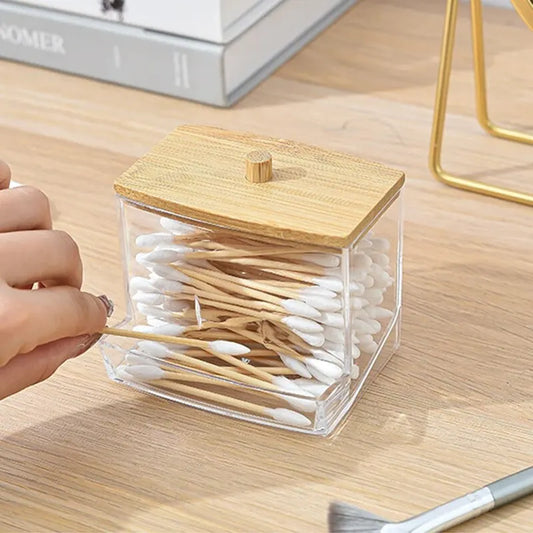 1set Transparent Acrylic Wood Cover Cotton Swab Box With 500 Cotton Swabs Cosmetic Cotton Storage Box