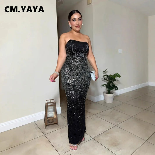 CM.YAYA Diamonds Hot Rhinestones Strapless Women Sleeveless Long Dress 2025 Spring Birthday Party Evening Prom Maxi Dresses