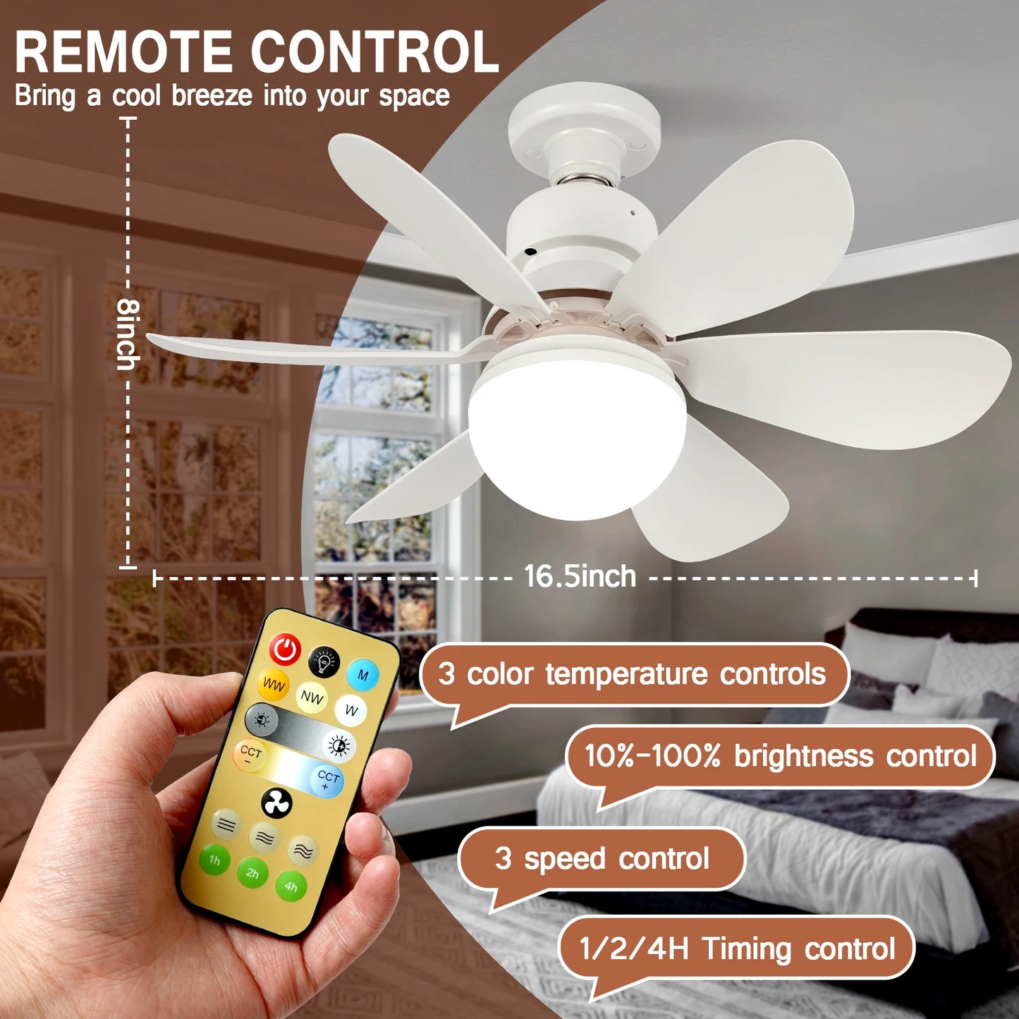 Home E27 Base Ceiling Fan Light with 30W LED Night Lights 3 Adjustable Lighting Modes Remote Control High Wind Power Ceiling Fan
