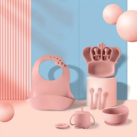 11pcs Silicone Baby Feeding Set: 1 Bowl, 1 Bib, 5-grid Plate, 2 Spoons & 2 Forks (Long & Short), 1 Cup with 2 Lids and 1 Straw