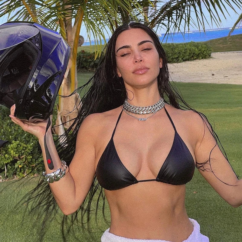 Sexy Ladies PU Beachwear Bra Tops Black Soft Bag for Triangle Swimwear Female Low Waist Suit Swimsu