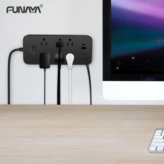 US Power Strip 6 AC Outlets 10A 110v 220v 3 USB Ports Sockets 1 TYPE-C Smart Patch Panel 2000w Black Power Surge Protection Plug