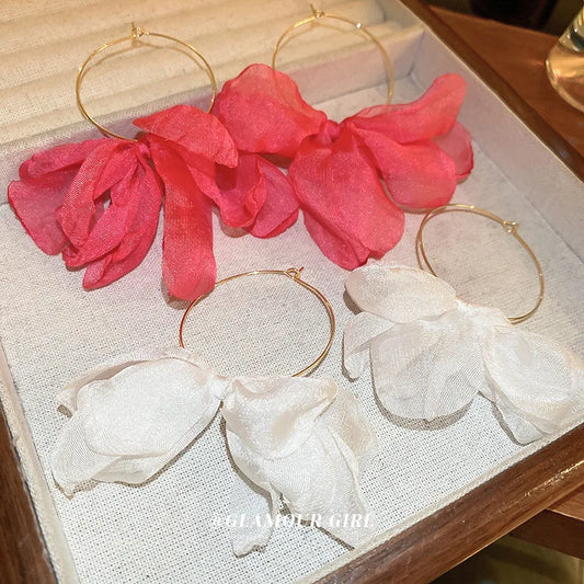 1 Pair Fabric Circles Tulle Pink/white Flower Earrings Fashionable Advanced Temperament New Bohemian Earrings