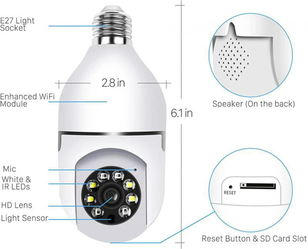 Home Security Camera 2.4G WiFi E27 Lamp Holder Interface HD Pixel LED Light Night vision Motion Detection Voice Camera APP v720