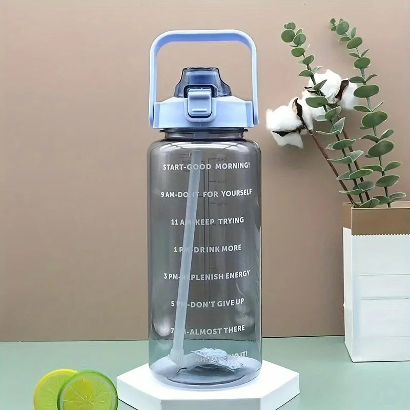 2L Large Capacity Plastic Straw Water Bottle with Time Marker Leak-Proof Design for Outdoor Sports Fitness Travel Hydration Cup