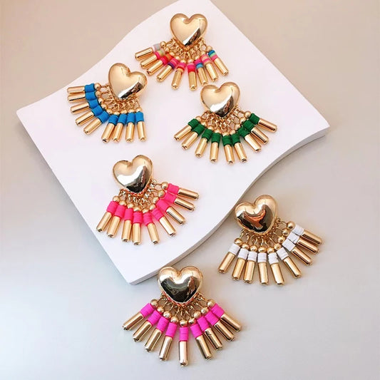 Vintage Ethnic Bohemian Earrings for Women Heart Shaped Tassel Colored Earrings Fashion Wholesale Jewelry