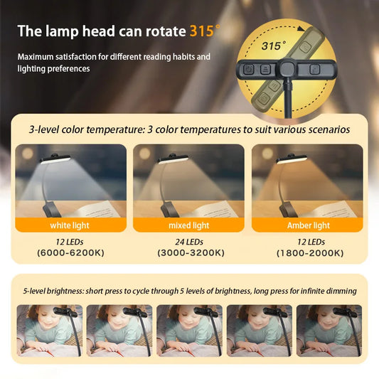 LED Book Light USB Rechargeable Reading Light Warm Cool White Daylight Portable Flexible Easy Clip Night Reading Lamp New
