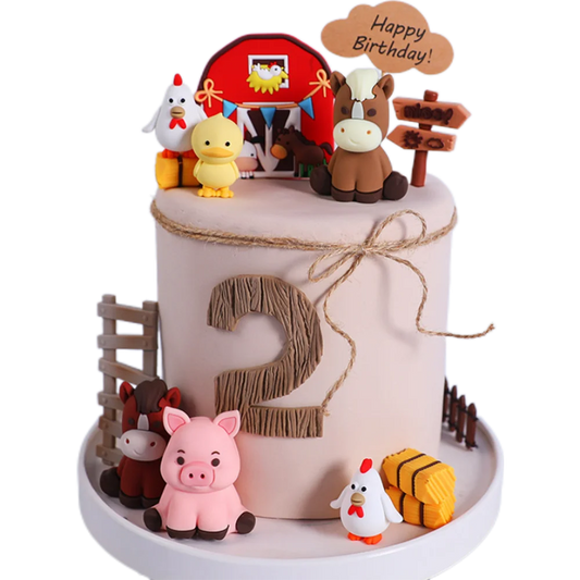 Happy Farm Cake Decoration Farm Critters Cake Topper Horse Chickens Piglet Farm Cabins Boy Girl One Birthday Cake Decorations