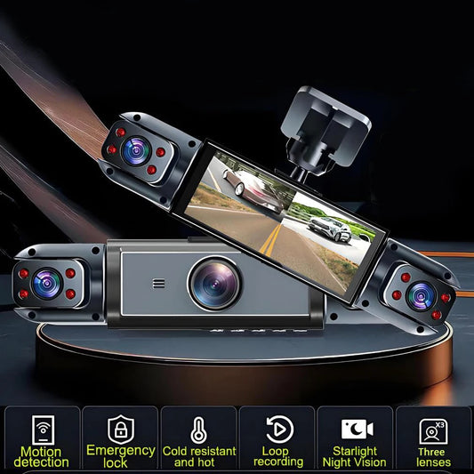 3 Camera Dash Cam, Front Inside Dashcam, Left Right Video Recorder, Loop Recording, Motion Detection, Wide Angle, Night Vision