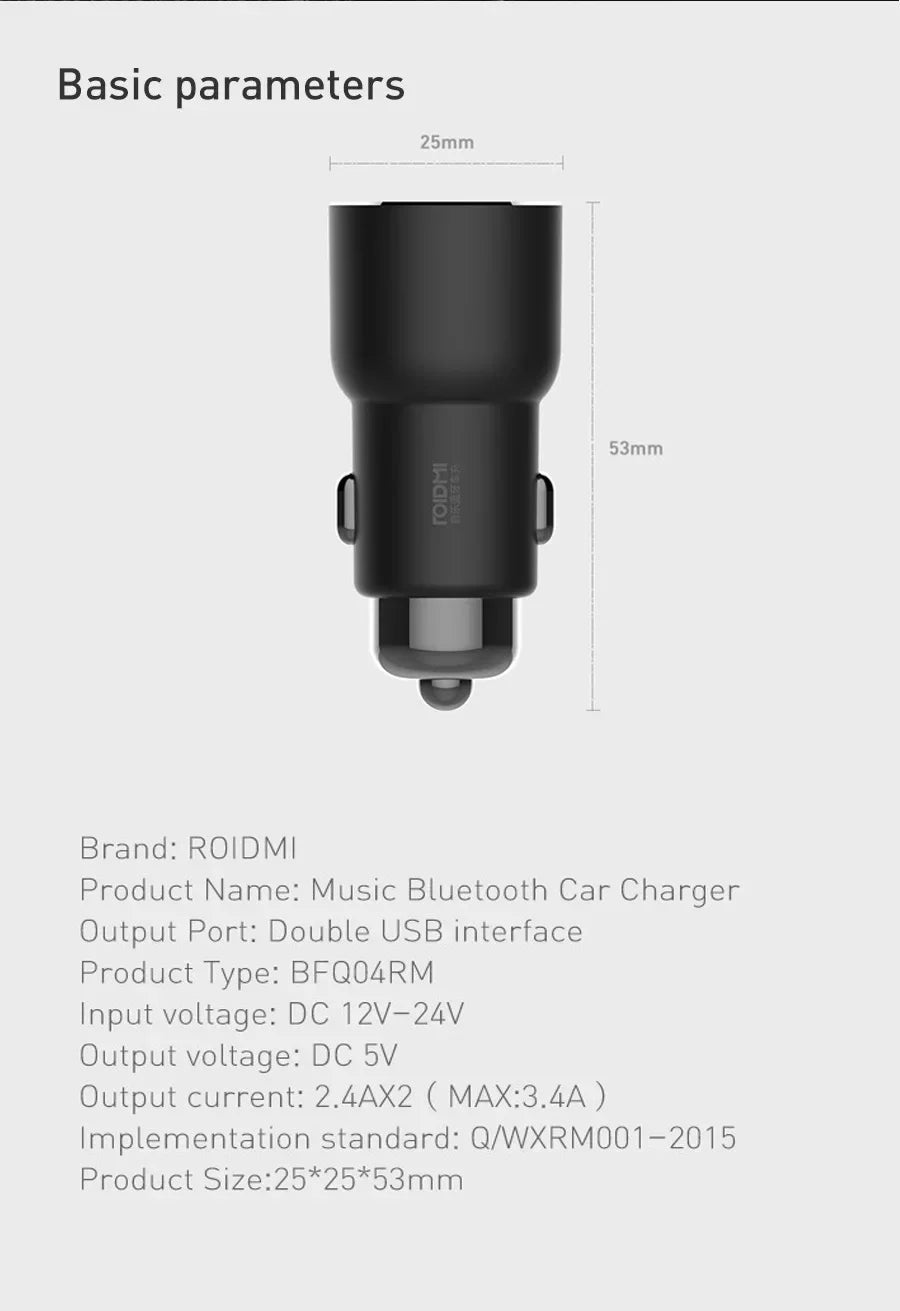 Original Xiaomi Roidmi 3S Mojietu Bluetooth 3.4A 5V Dual USB Car Charger MP3 Music Player FM Transmitters For iPhone And Android