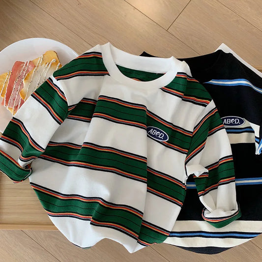 2025 Spring Autumn Kids Boys T-shirts Cotton Striped Loose Sticker Casual Long Sleeve Baby Girls Shirts Toddler Boys Tops