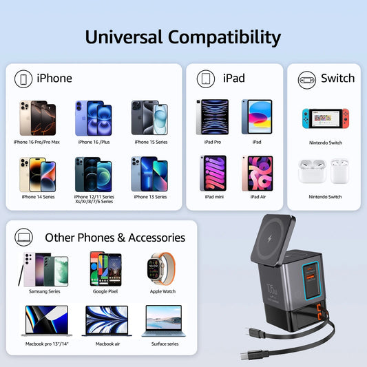 6-in-1 Charging Station with Retractable USB-C Cable Power Combo Tower 105W for Multiple Devices Fast Charger for iPhone Airpod