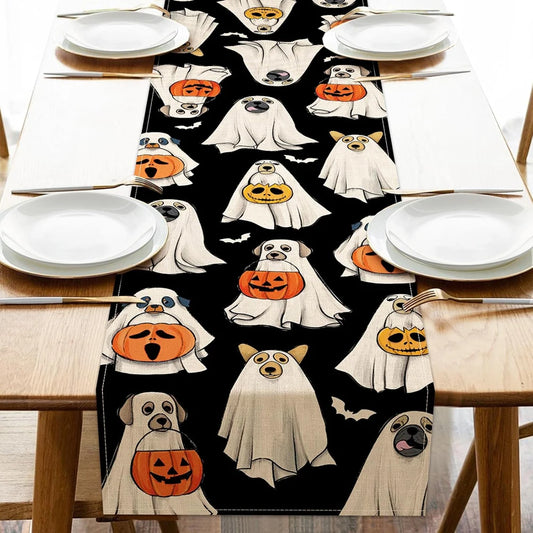 Ghost Dog Table Runner Halloween Lantern Pumpkin Bat Kitchen Dining Table Decoration Kitchen Dining Table Decor Washable
