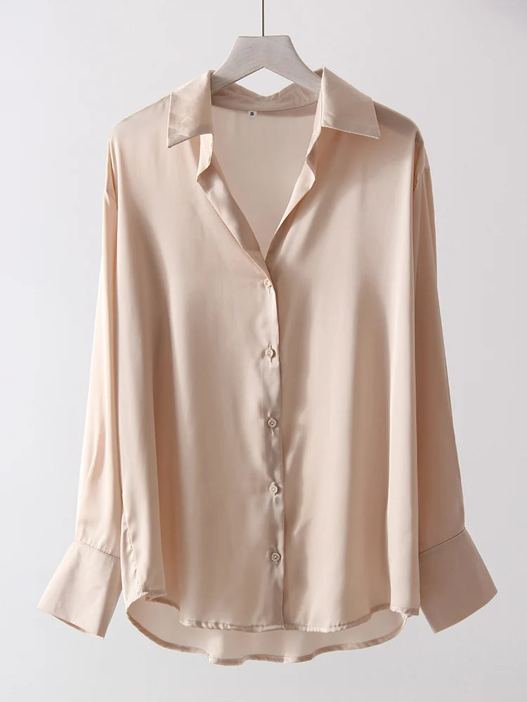 Office Wear Women Shirts Satin Blouse Luxury Pink Long Sleeve Formal Shirts Female Button Silk Tops For Women Elegant All-Match