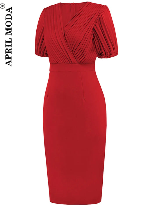 2025 Elegant Office Lady Workwear Women's Gorgeous Work Pencil Dress Solid Short Sleeve Sexy Bodycon Vintage Wrap Bodycon Dress