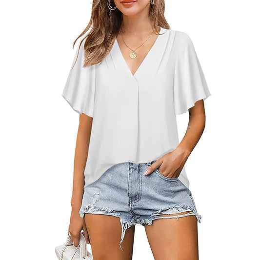 Office Lady Blouse Summer Women V-Neck Loose Short Sleeved T-Shirt Daily Casual Tops Work Clothes