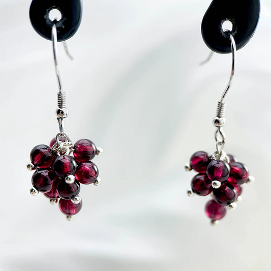 Cute Cluster Natrual Garnet Beads Dark Red Grape 925 Sterling Silver Hook Drop Dangle Earrings For Women Girls Jewelry Handmade