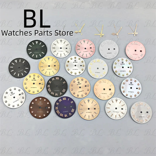 BLIGER 24.5mm Watch Dial Hand Set Sunburst Gray Rose White Mother Pearl Dial Roman Diamond Index Fit NH05 Movement Women Watches