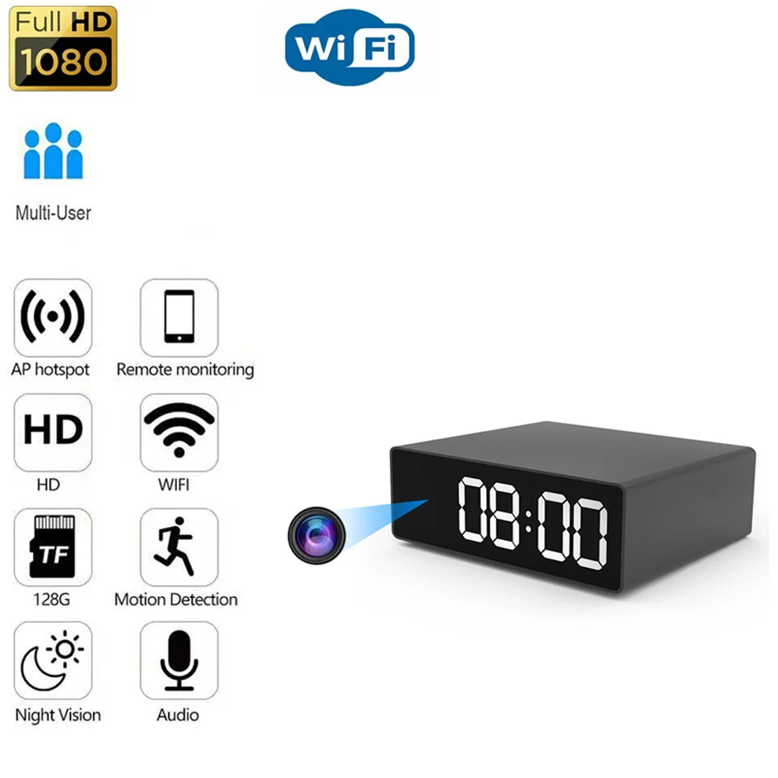Full HD Digital Clocks Cameras Night Vision App Wifi Remote Monitoring Motion Detection Auto Loop Recording Mini Home Camcorder