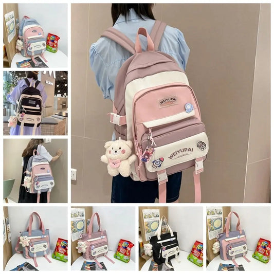 Portable Ins Students School Bags Large Capacity Bear High School Backpacks Multi Pockets Cartoon Teenage Shoulder Bags Girl