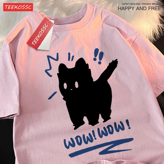 Siblings T Shirts Wow Wow Fun Black Cat Tops Casual Hip Hop Short Sleeve Sport Casual Clothing Cotton Breathable Siblings Tops