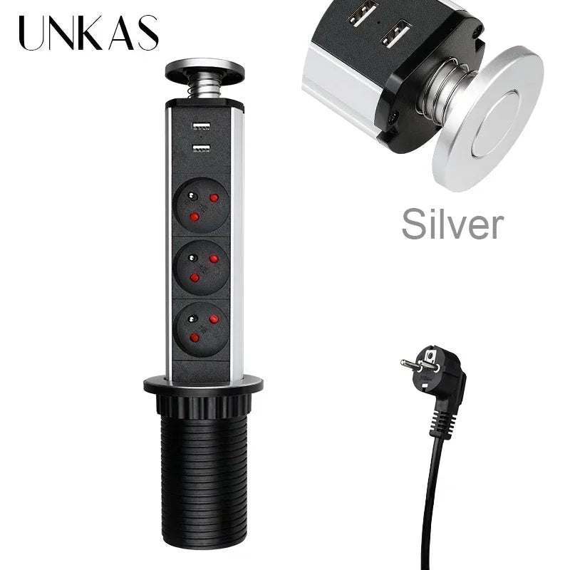 16A PULL POP UP 3 Power EU Socket New Black Color Port Kitchen Table Desktop Sockets Retractable Countertops French Plug