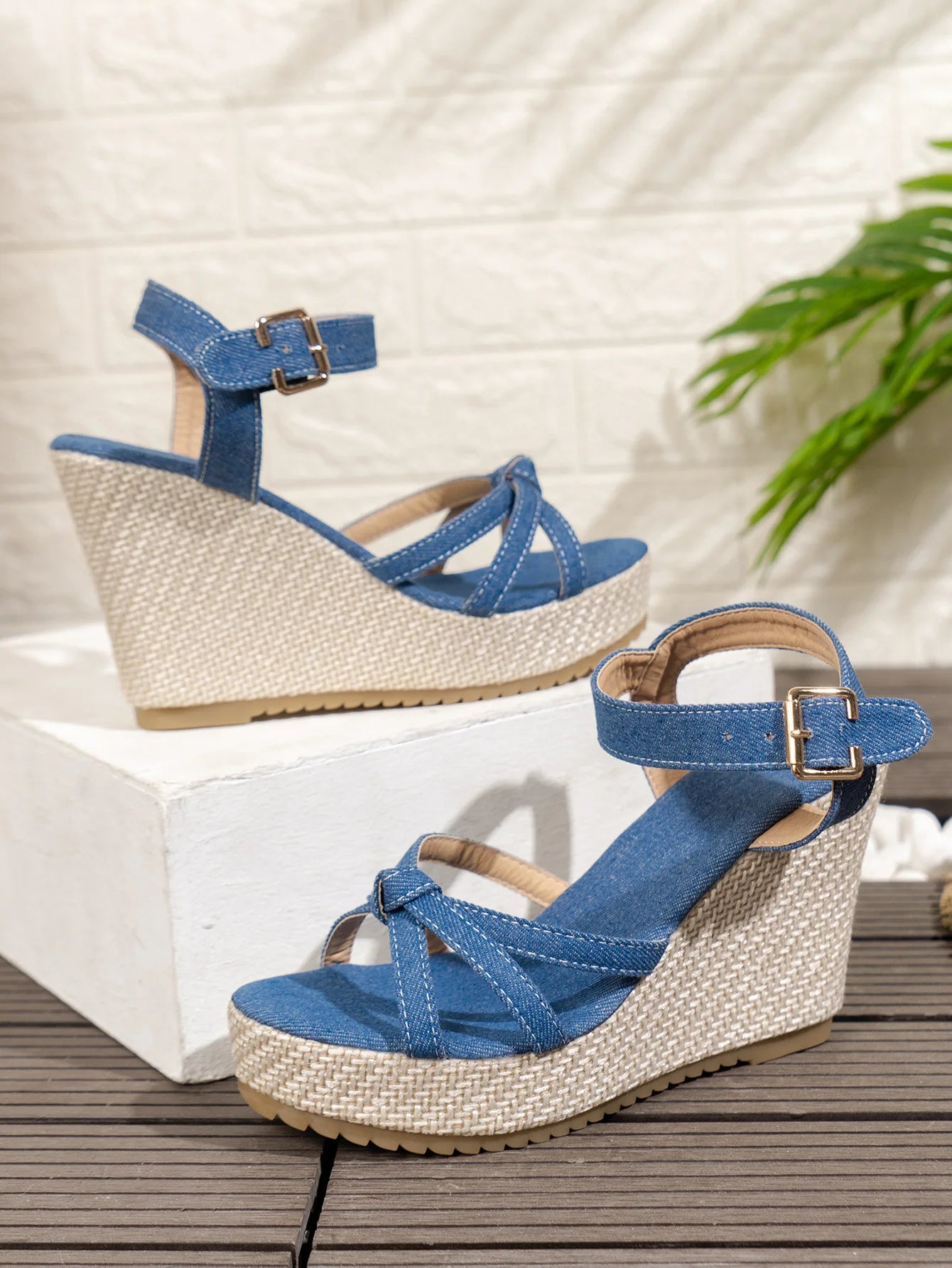 Chunky Platform Wedges Sandals Women 2024 Summer Blue Denim Beach Sandals Woman Plus Size 42 Ankle Straps High Heels Sandalias