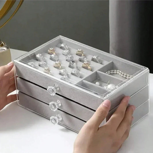 Organizer Box Acrylic Velvet Jewelry Organizer with 3 Drawers Stackable Display Storage Earrings Necklace Bracelets Box Holder