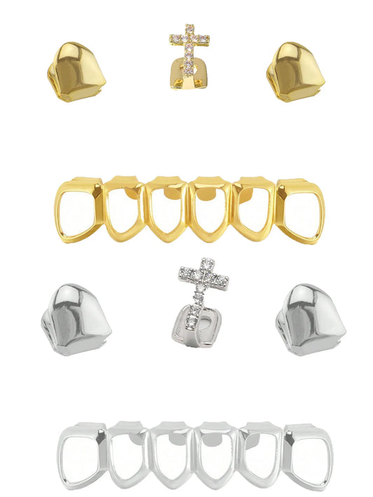 A Group Fashionable Teeth Decoration: Double Smooth Single Teeth With Zircon Crosses And Six Perforated Lower Teeth Made Of