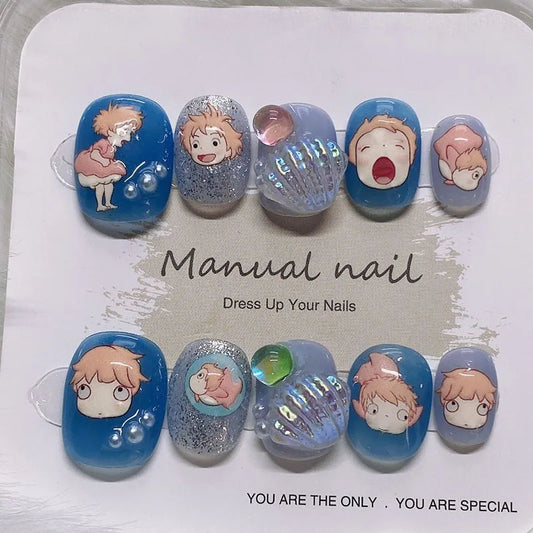 Acrylic Press on Nails With 3d Designs Kawaii Sea Shell Full Cover Artificial Nails Blue Color Handmade Japanese Manicuree Nails