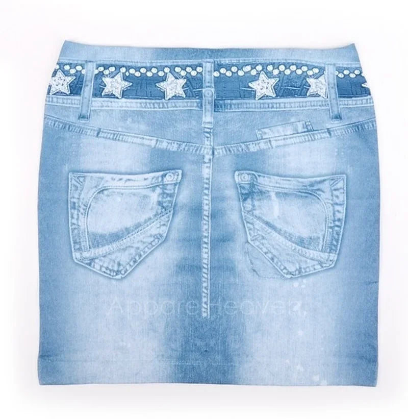 Sexy Ladies Blue Skinny Jeans Elastic Imitation Denim Bag Hip Short Mini Skirt