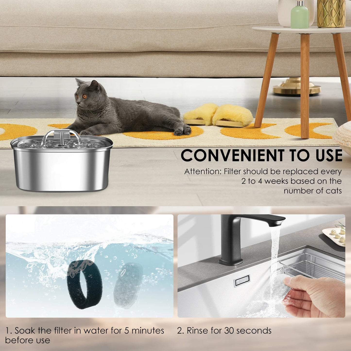 Pet Water Fountain Filter Replacement and Sponge 3 Filtration System Compatible with 3.2L Stainless Steel Cat Water Fountain