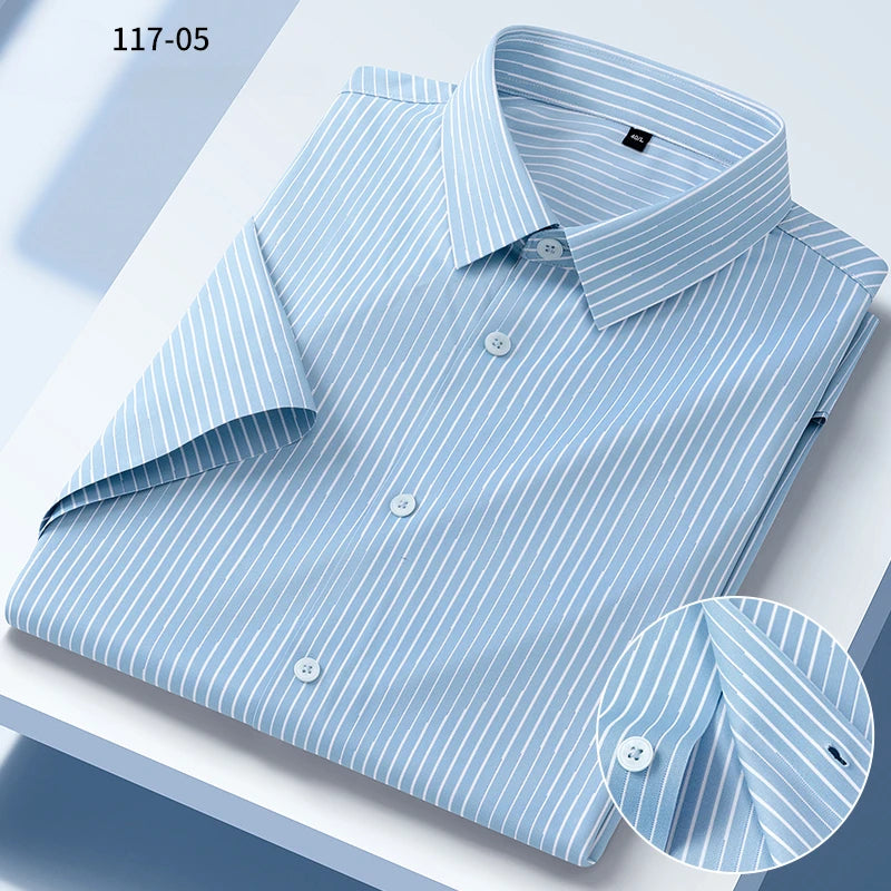 New in shirt summer short sleeve shirts for men slim fit formal plain shirt soft office striped top wrinkle free elastic clothes