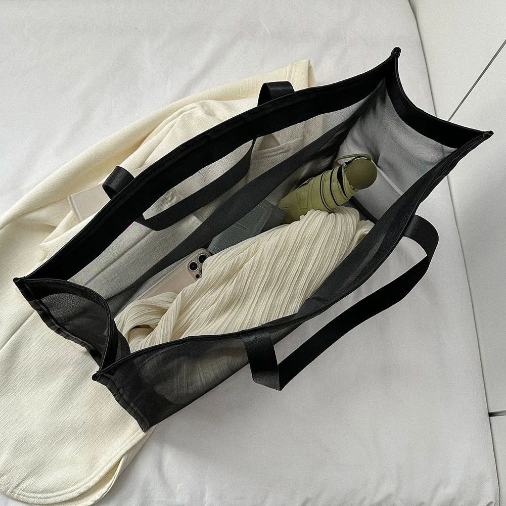 Fashion Totes Bags Large Capacity Mesh Top-Handle Handbag Solid Color Storage Bags Transparent All-match for Beach Swimming