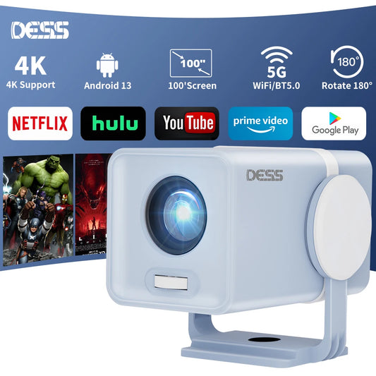 DESS Portable Dual-Band WiFi6 Bluetooth 5.0 Android 13 Smart Projector Suitable for Home Theater Video Power Bank Power Supply