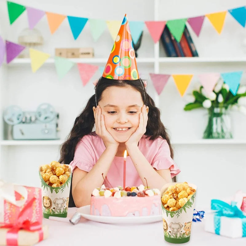 30PCS Jungle Animal Disposable Kraft Paper Slant Snack Cups Kraft Paper Slant Cups Snack Baking Cakes French Fries Containers