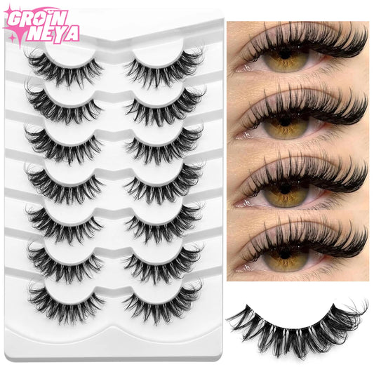 GROINNEYA Lashes 5/7 Pairs Wispy Mink Lashes Invisible Band Eyeashes Look Like Extensions Strip Lashes Natural Look Soft Fluffy