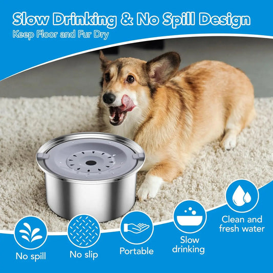 4L Dog Water Bowl No Spill Smartoo Large Capacity Stainless Steel Dog Slow Water Feeder - Spill Proof & Zero Splash & No Drip