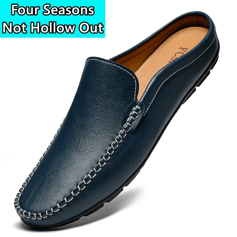 Closed Toe Half Shoes for Men Black Blue Mules Slippers Slip on Genuine Cowhide Leather Luxury Flat Sandals Man Summer 2025