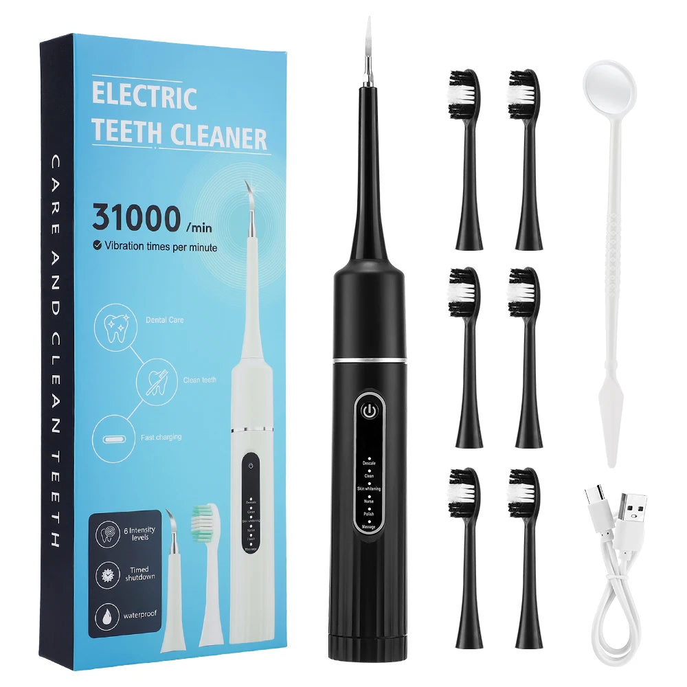 Electric Teeth Cleaner Remove Tartar Plaque Calculus and Tooth Stains Dental Teeth Whitening Kits With 6 Toothbrush Heads Home