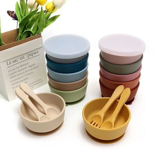 Food Grade Silicone Baby Feeding Bowls with Lid Anti-fall Strong Suction Dining Bowl for Toddler Kid Training Tableware BPA Free