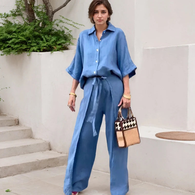 Office Lady Shirt Pants Two Piece Set Casual Single Breasted Three-quarter Sleeves Top And Belt Irregular Wide Leg Trousers Suit