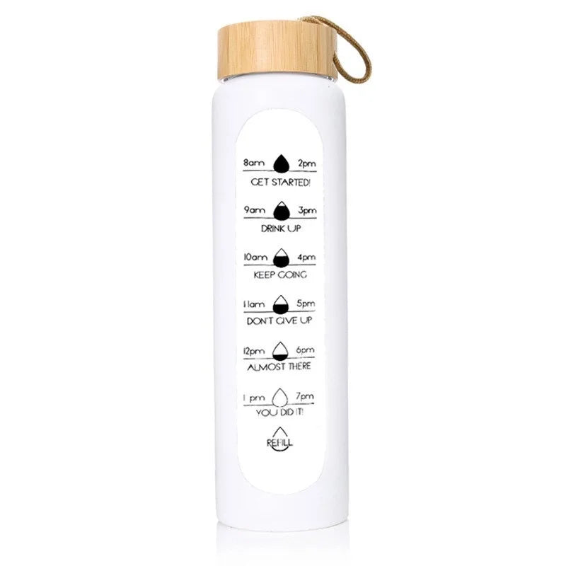 1000ML Glass Water Bottles With Straw, Glass Bottle With Silicone Sleeve And Time Marker, For Gym Home Office