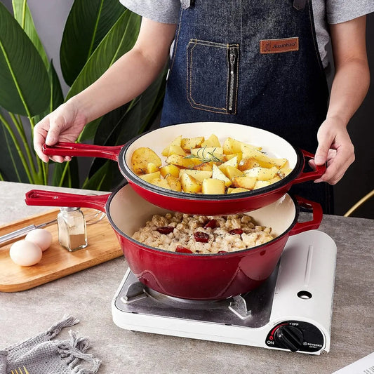 2 in 1 Enameled Cast Iron Pot with Lid 11 Inch Cast Iron Dutch Oven & Skillet Combo, Enameled Cast Iron Cookware with Lid