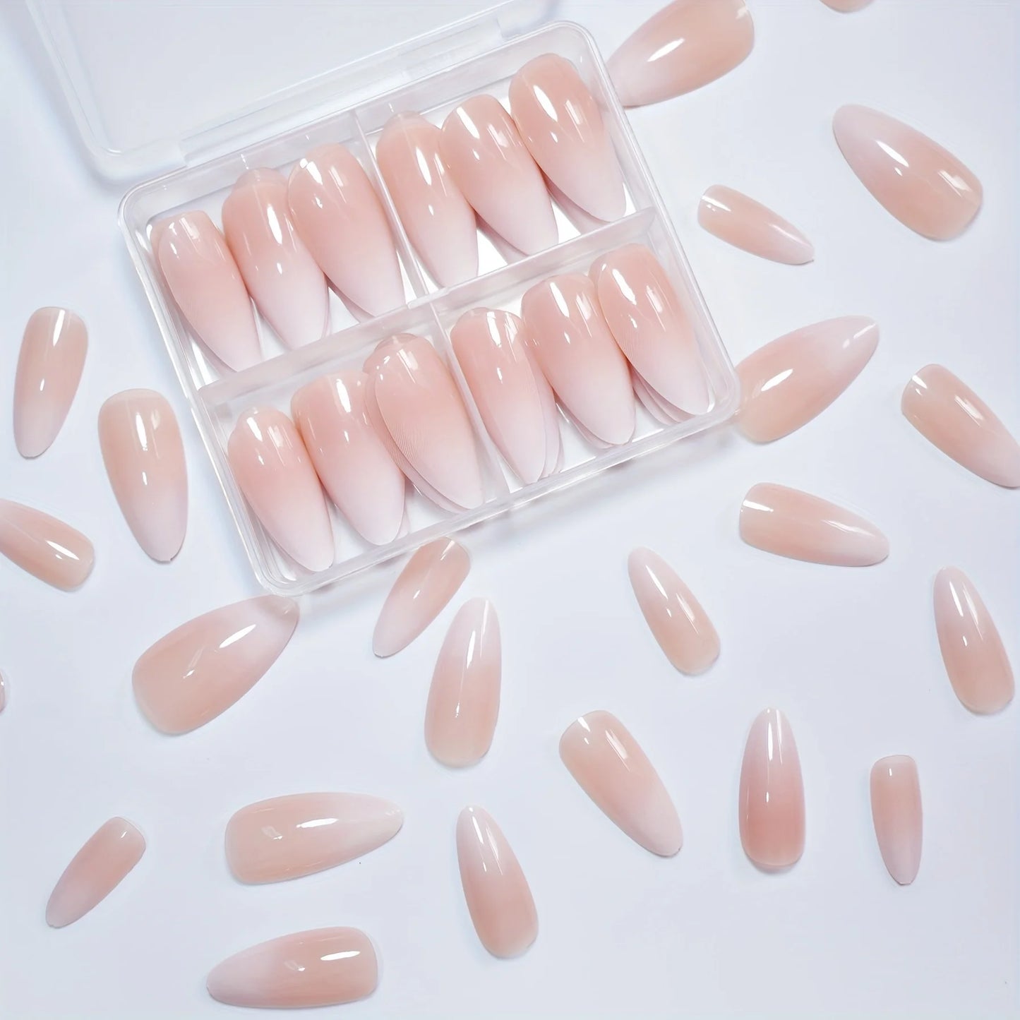 96pcs Almond Shaped Press on Nails, Medium Length, Glossy Finish, Pink & White Gradient, French Stripe Design, Fashionable & Ele